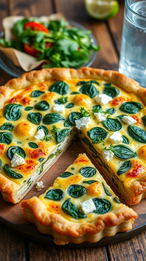 A slice of spinach and feta quiche on a wooden table, garnished with herbs, served with a side salad.